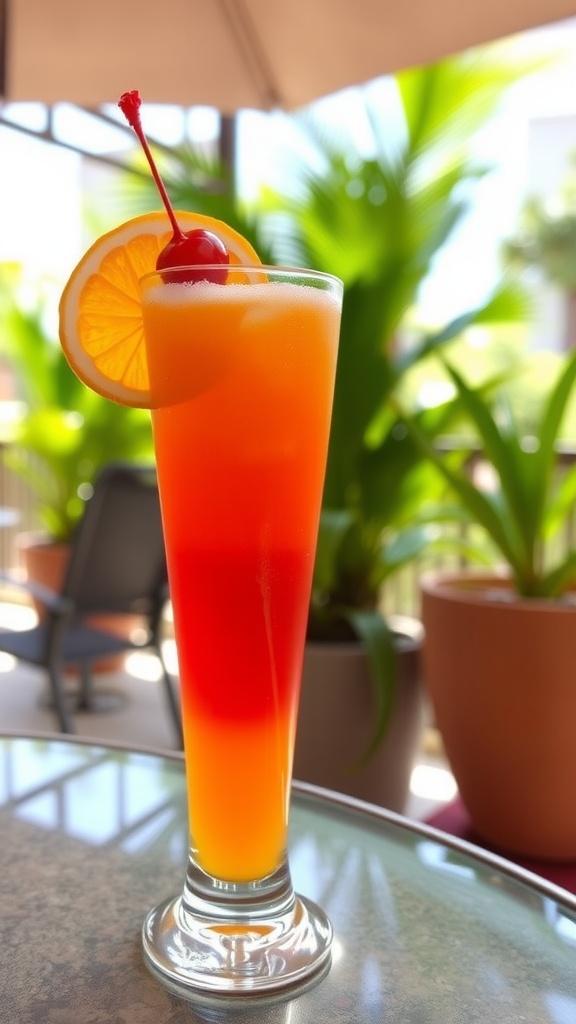 A vibrant Tequila Sunrise cocktail with fresh orange juice, garnished with an orange slice and cherry, on a sunny patio.